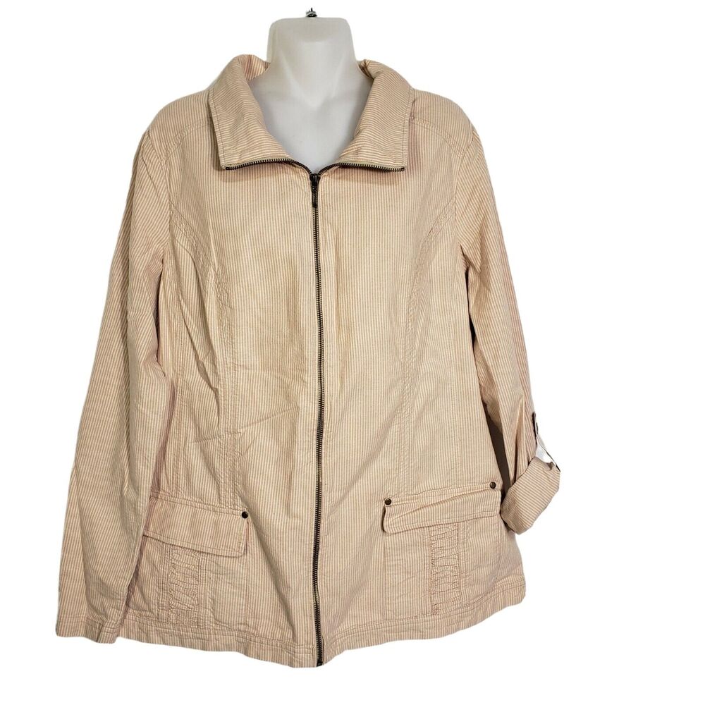 Coldwater Creek Women's Jacket Size 14 Full Zip Stripes Ruched Pockets Roll Tab